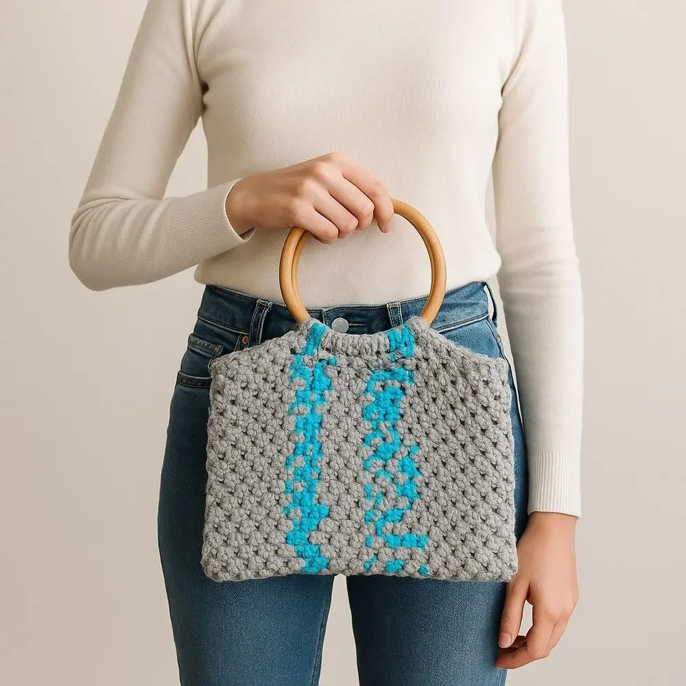 Handmade Crochet Tote Bag Gray Blue Striped Yarn Purse with Wooden Round Handles